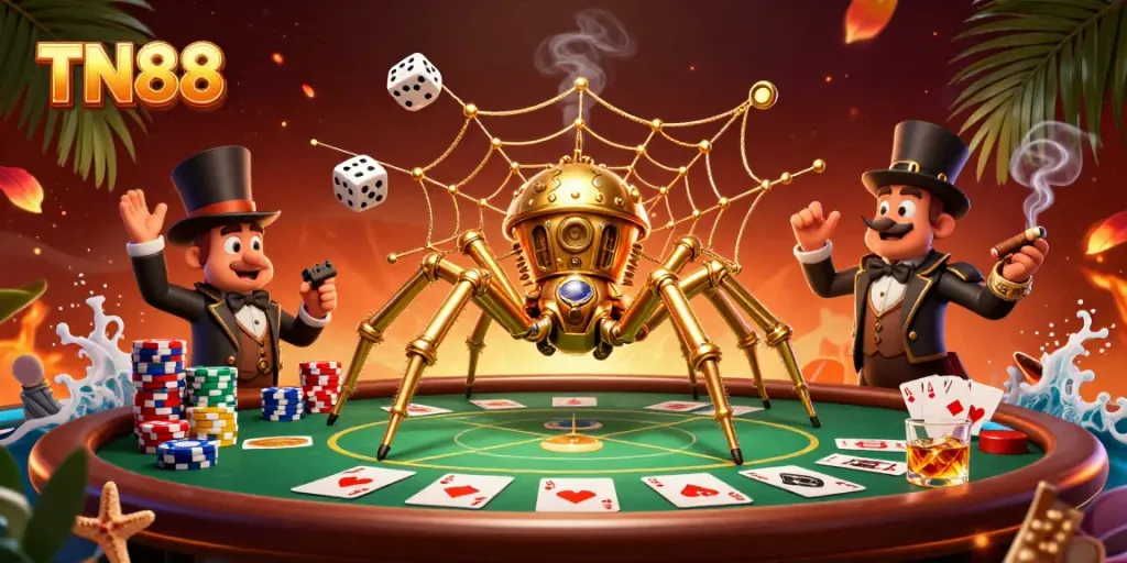 Experience the thrilling world of TN88 with a steampunk spider webbing poker chips and dice.