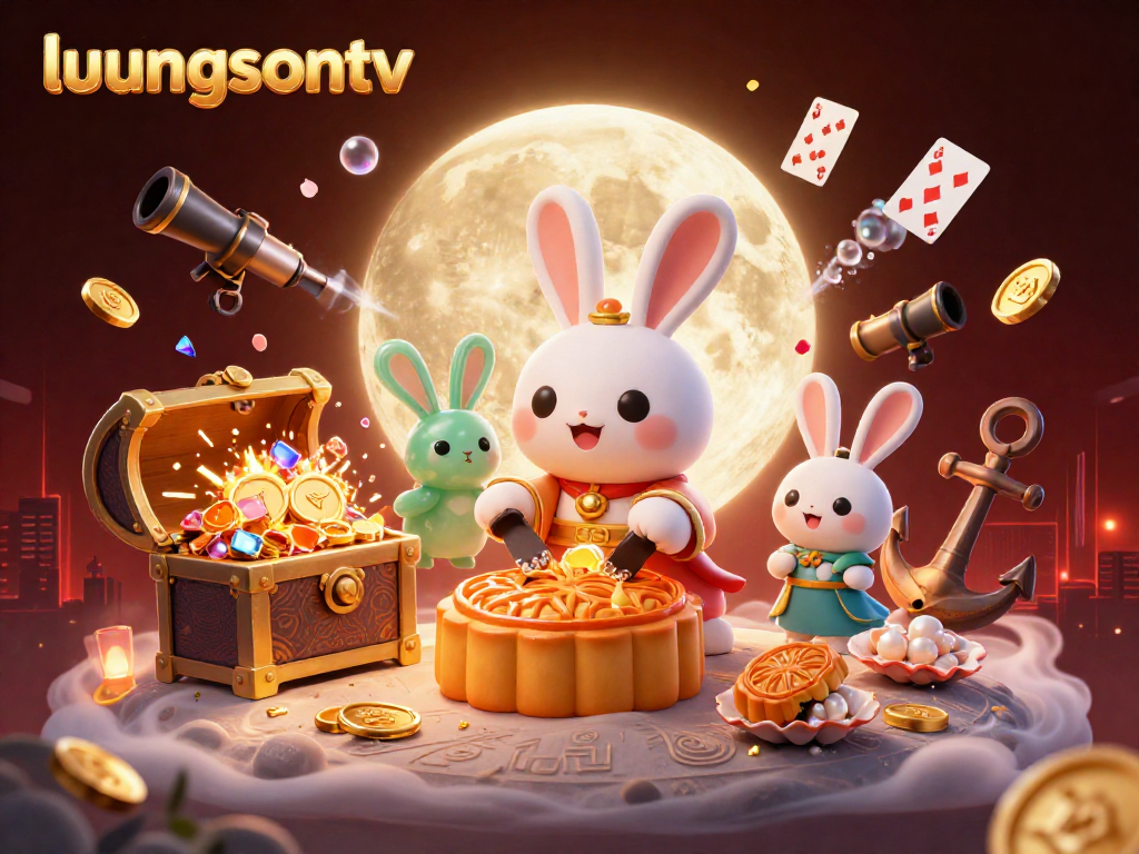 Experience thrilling gameplay with luongsontv as the moon rabbit reveals poker chips in a vibrant casino landscape.