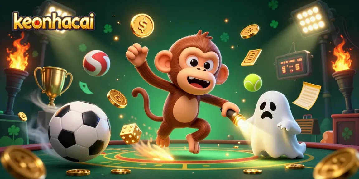 Experience thrilling sports betting action with keonhacai's lively illustration featuring dynamic elements and golden prizes.