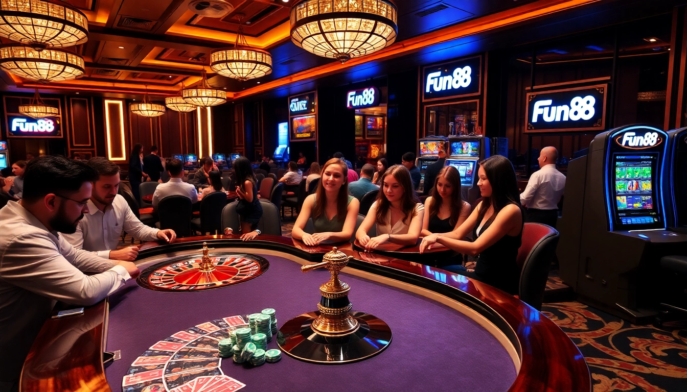 Gamblers experiencing the excitement of Fun88 casino games at a vibrant roulette table.