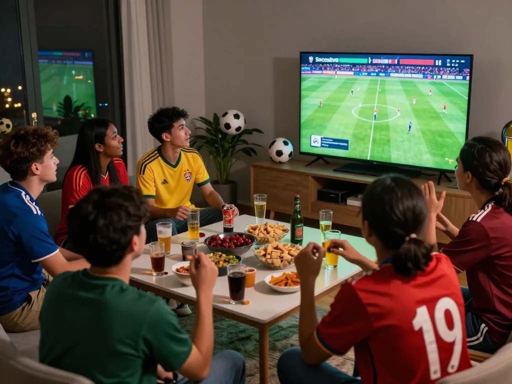 Socolive live soccer watching party with friends enjoying the game in a cozy home setting.