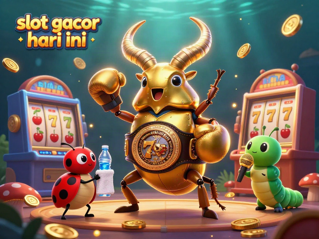 Experience thrilling action in this vibrant scene featuring slot gacor hari ini elements with a boxing beetle, ladybug corner-man, and caterpillar announcer.
