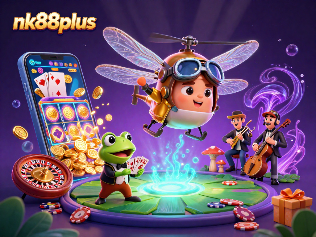 Experience thrilling gaming with nk88plus at a vibrant lily pad casino featuring a dragonfly pilot and frog dealer.