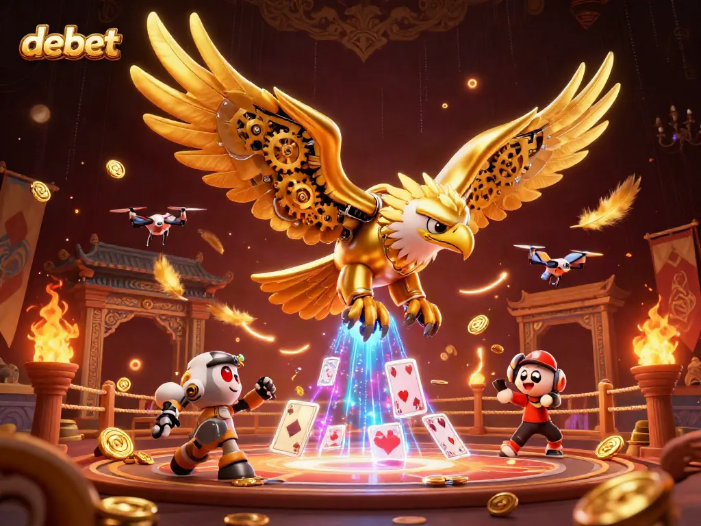 Dive into the action with the debet golden eagle soaring through holographic playing cards in a vibrant casino scene.