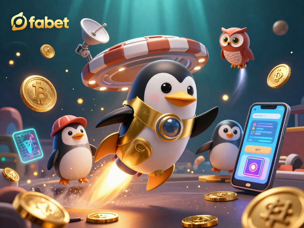 Experience the fabet crypto casino adventure with a golden penguin, vibrant Bitcoin coins, and a poker chip station.