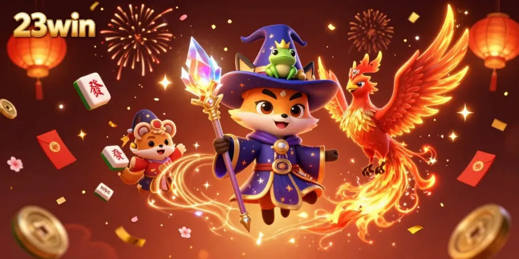 Experience the vibrant gaming world of 23win through enchanting characters and dynamic casino elements.