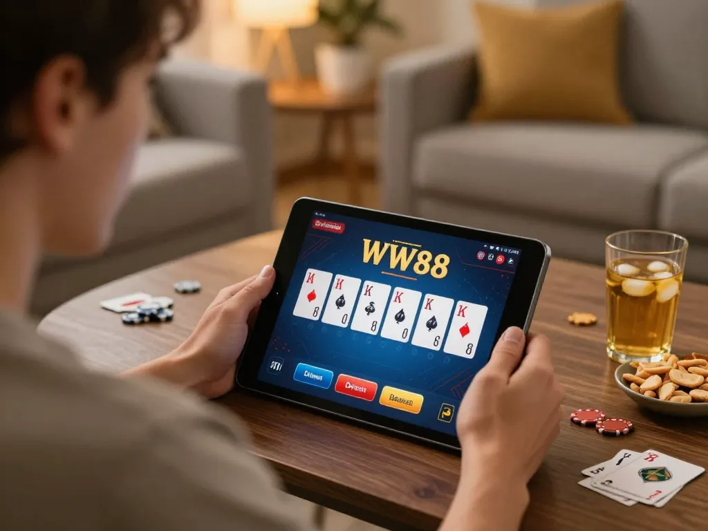 Engaging in poker on the WW88 online platform with a cozy home setup.