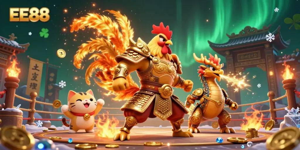 Experience the excitement of EE88 with a vibrant scene featuring a fighting rooster warrior, dragon hatchling, and fortune cat.