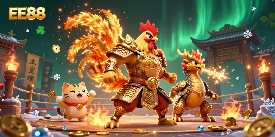 Experience the excitement of EE88 with a vibrant scene featuring a fighting rooster warrior, dragon hatchling, and fortune cat.