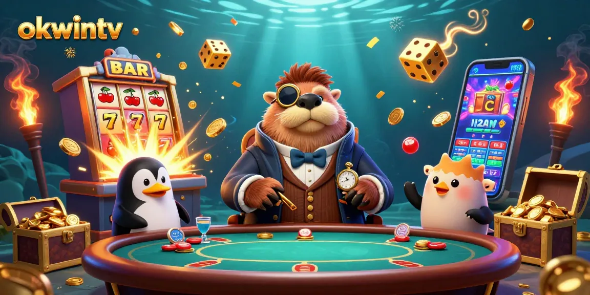 Enjoy thrilling action at okwintv with a jolly walrus playing poker amid dazzling casino elements.