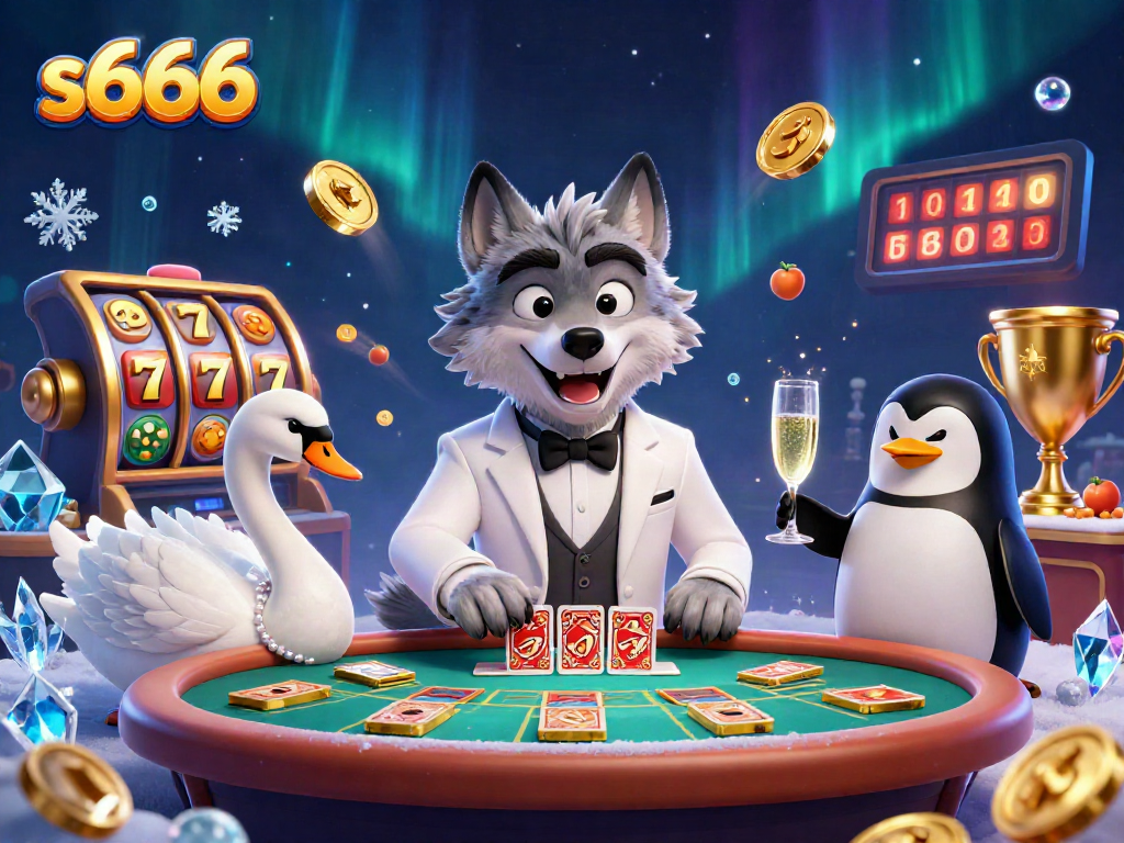 Play exciting casino games at s666 with a lively scene featuring a debonair wolf and elegant characters around slot reels.