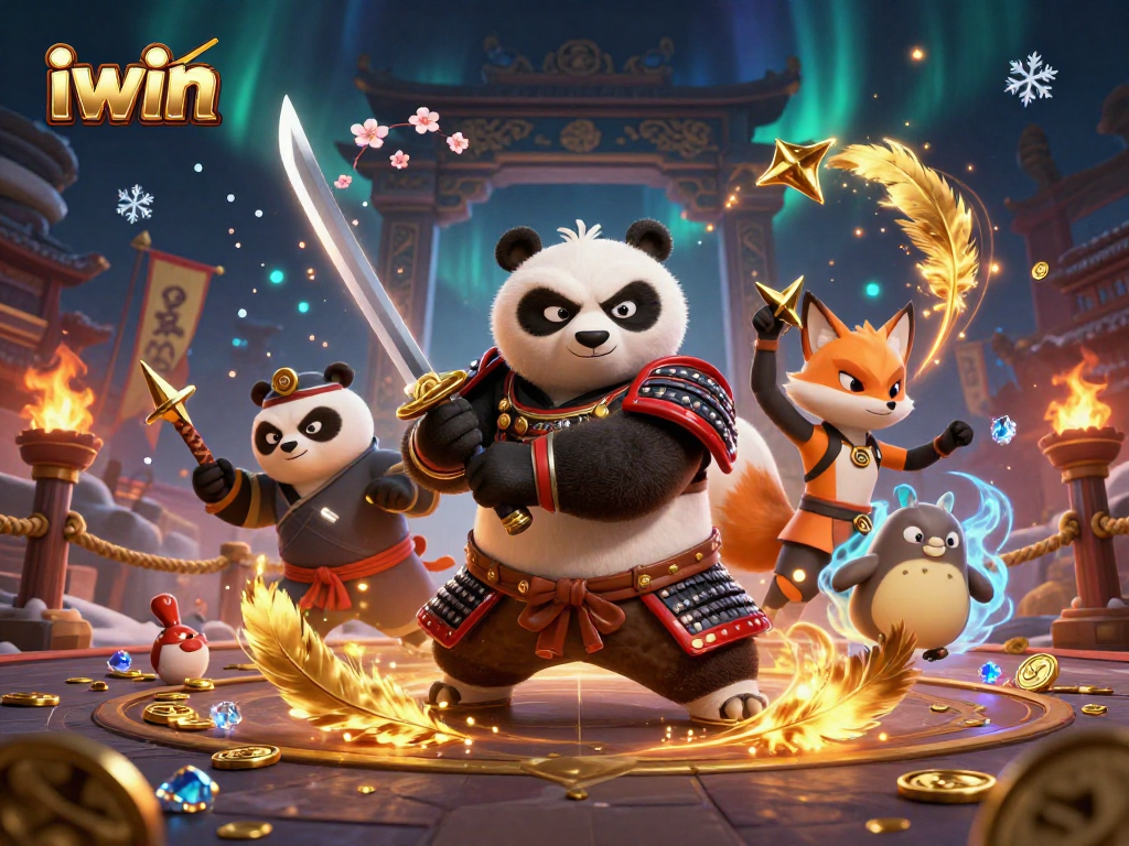 Engage with iwin's thrilling gaming experience featuring fierce samurai panda and mystical companions.