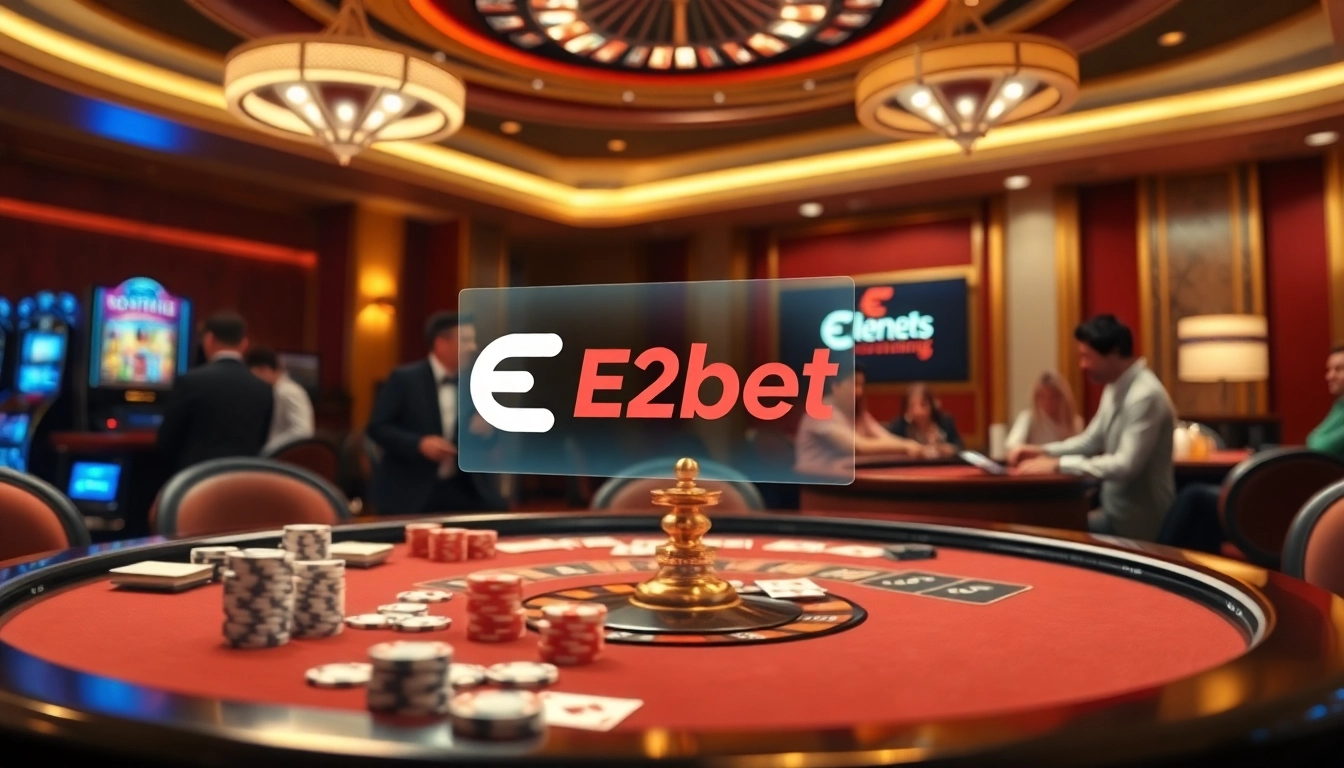 E2bet casino table with poker chips and cards, creating an exciting gaming atmosphere.