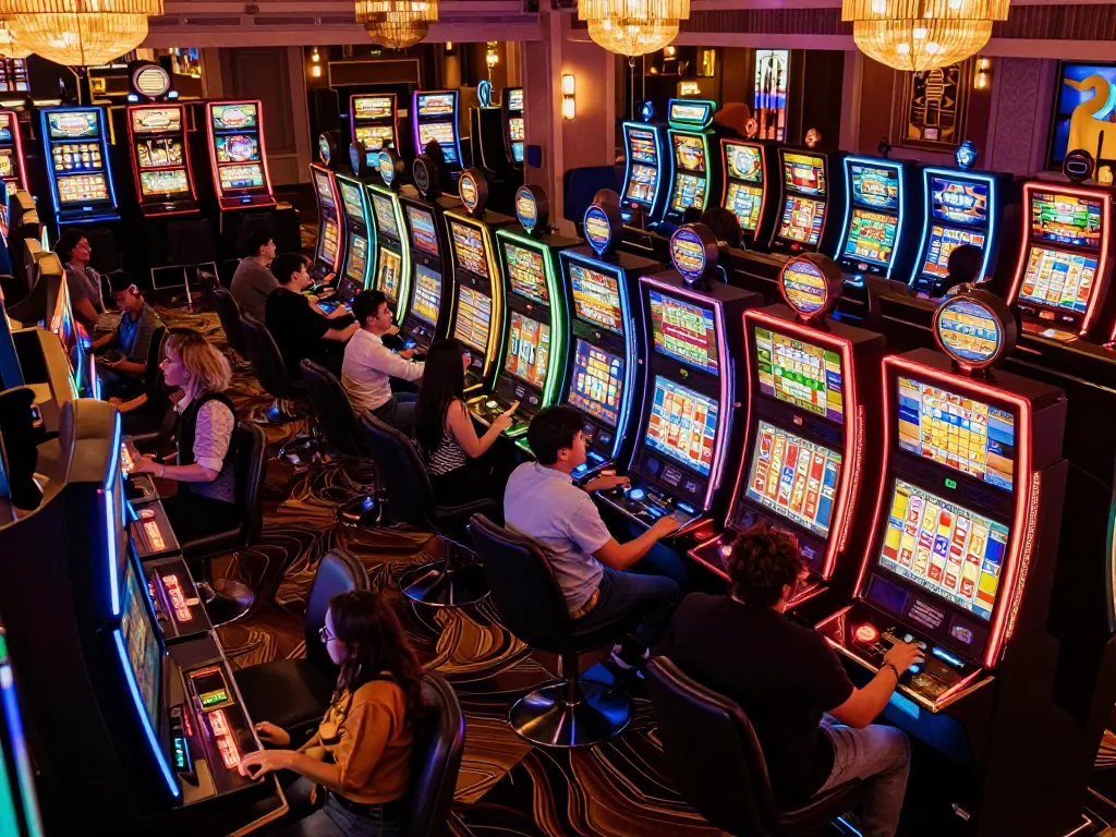 Players engaging with b52 casino slot machines, showcasing vibrant colors and excitement on the casino floor.