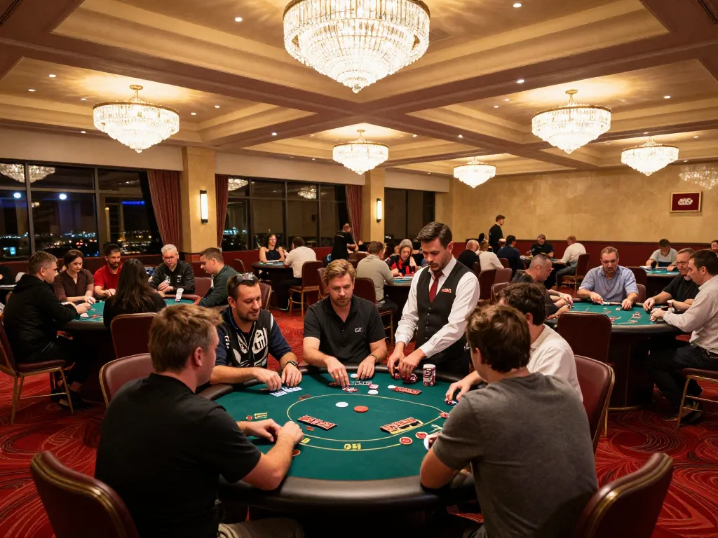 Engaging gameplay at 98win9 casino with players at poker tables under warm ambient lighting.