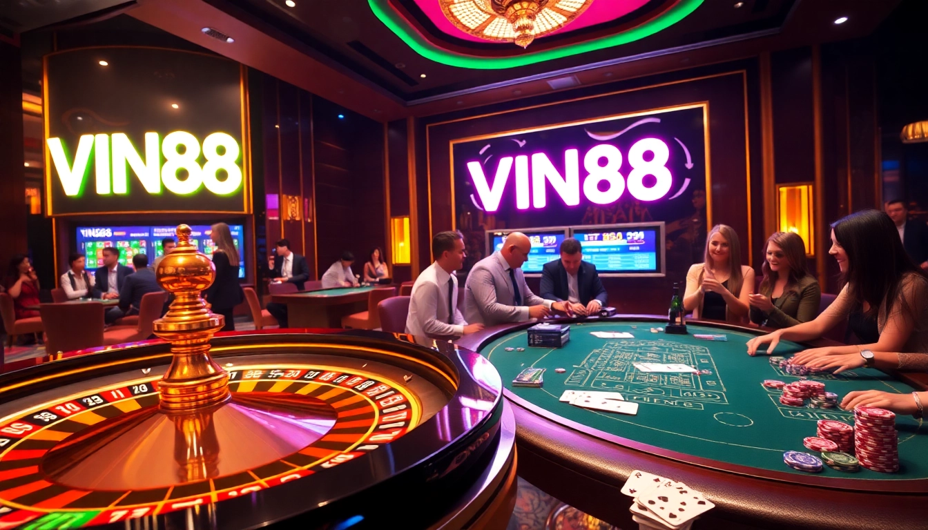 VIN88 casino scene featuring roulette and poker, showcasing excitement and luxury in gambling.