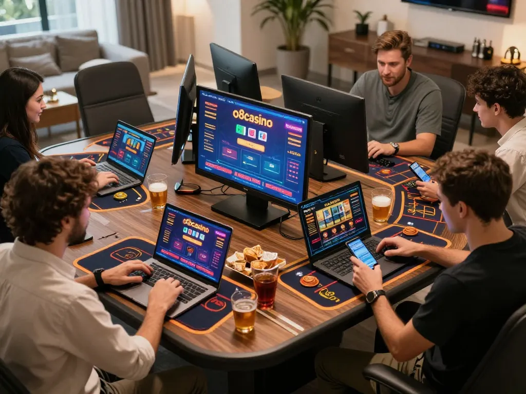Players engaging with o8casino games online, showcasing excitement and modern design elements.