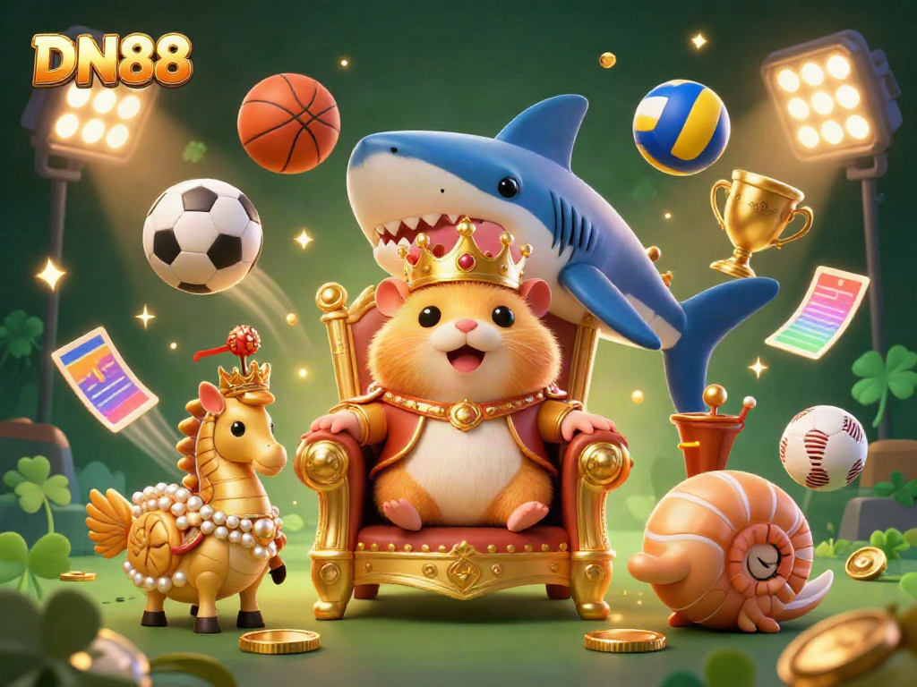 Experience the excitement of DN88's gaming thrill with a whimsical scene featuring a golden hamster king and dynamic sports elements.