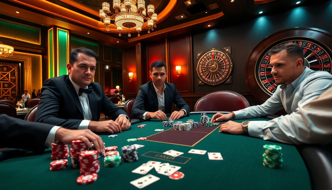 Players strategizing at a poker table with chips and cards at 32 WIN casino, capturing the excitement of the game.