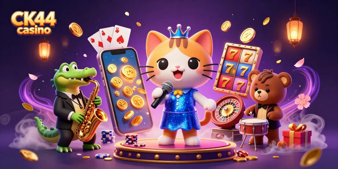 Experience the excitement of CK44 casino with games and vibrant characters in a dynamic scene.