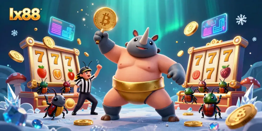 Experience winning with lx88 as a rhinoceros beetle champion stomps gold coins amidst vibrant slot icons.