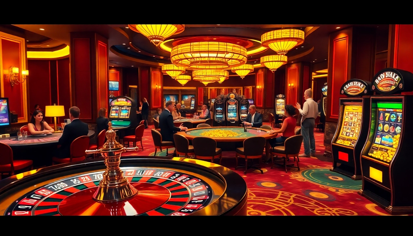 Exciting casino scene showcasing players engaging with games at https://thabet.cx/, featuring roulette, blackjack, and slots.