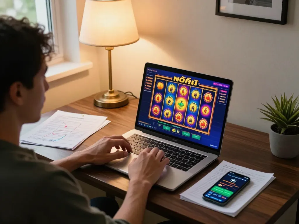 Engaging with nổ hũ slot game at home, showcasing vibrant graphics on laptop