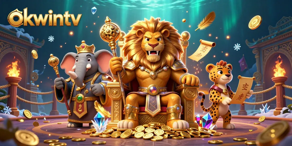 Engage in thrilling gameplay with okwintv featuring a lion king, wise elephant, and a cheetah amidst vibrant casino elements.
