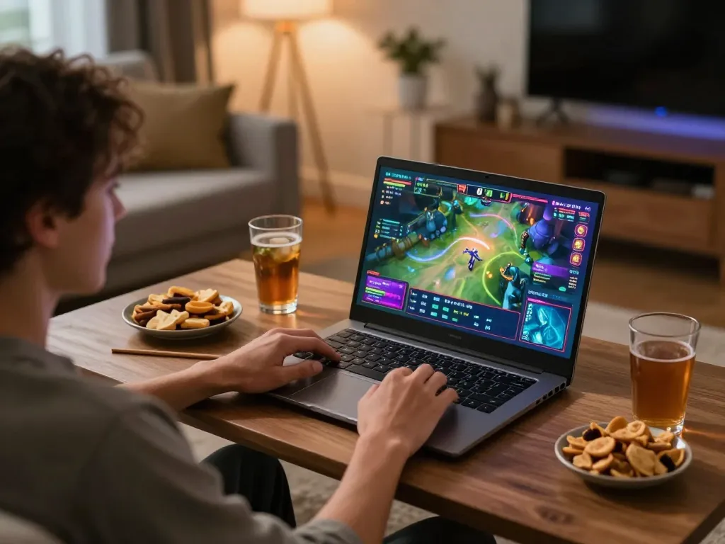 Player enjoying rik vip game on laptop in a cozy home setting with vibrant screen visuals.