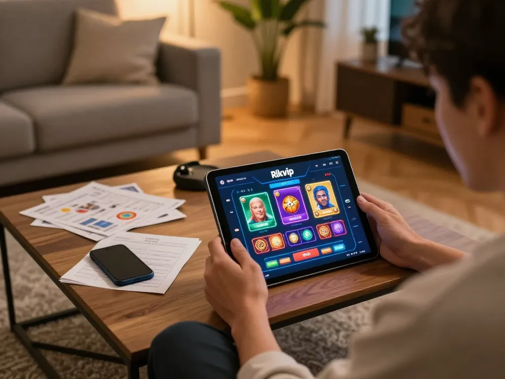 Playing casino games on the Rikvip platform from a cozy home setup with strategy notes.