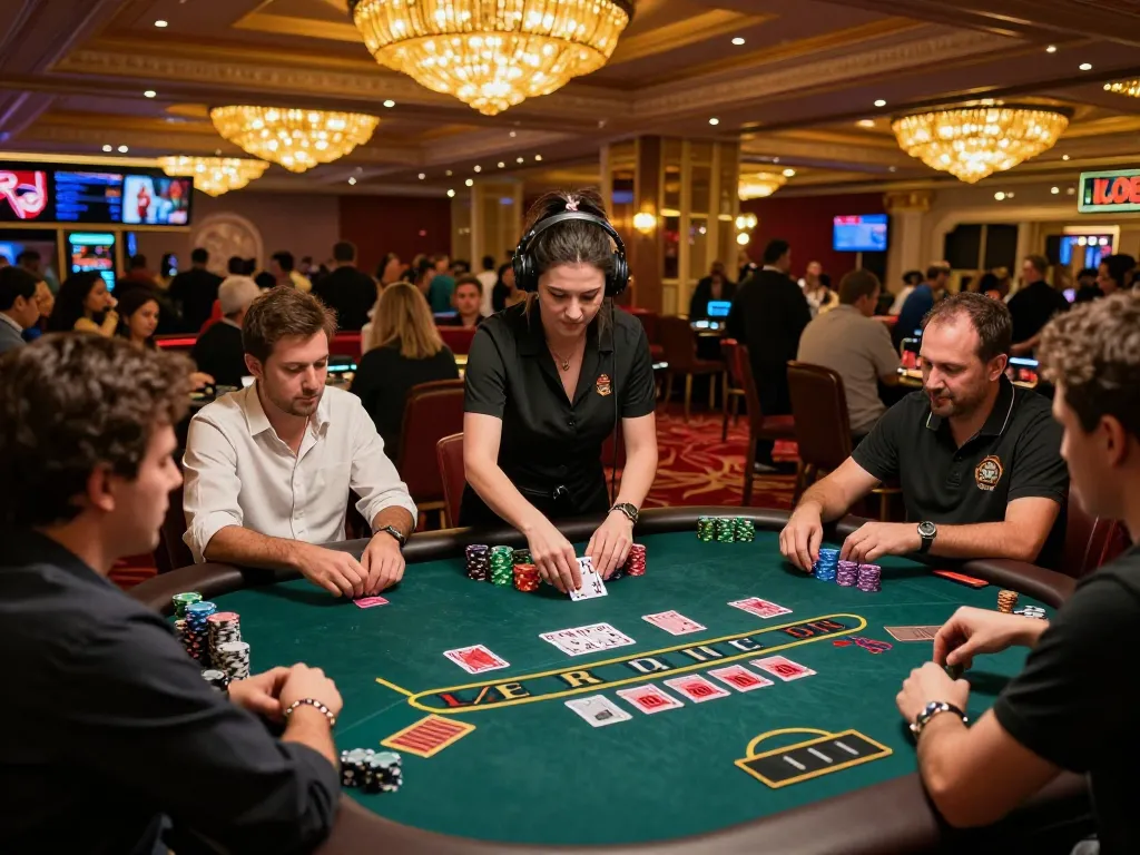 Engaged players at LODE88 blackjack table strategizing their next move in a vibrant casino.