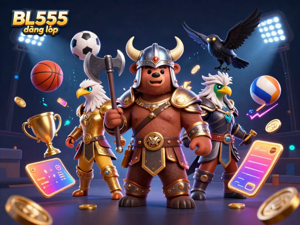 Join the action with the Viking bear and Valkyrie eagle in this vibrant BL555 đăng nhập casino scene.