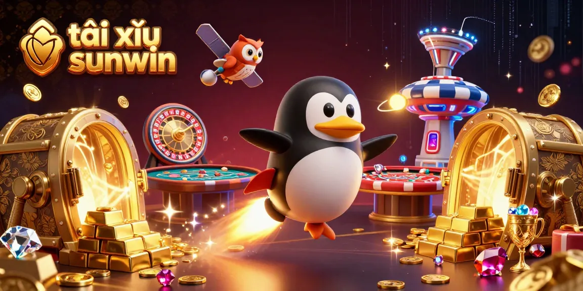 Engage with the lively tài xỉu sunwin universe, featuring a golden penguin and vibrant casino elements sparking winning opportunities.