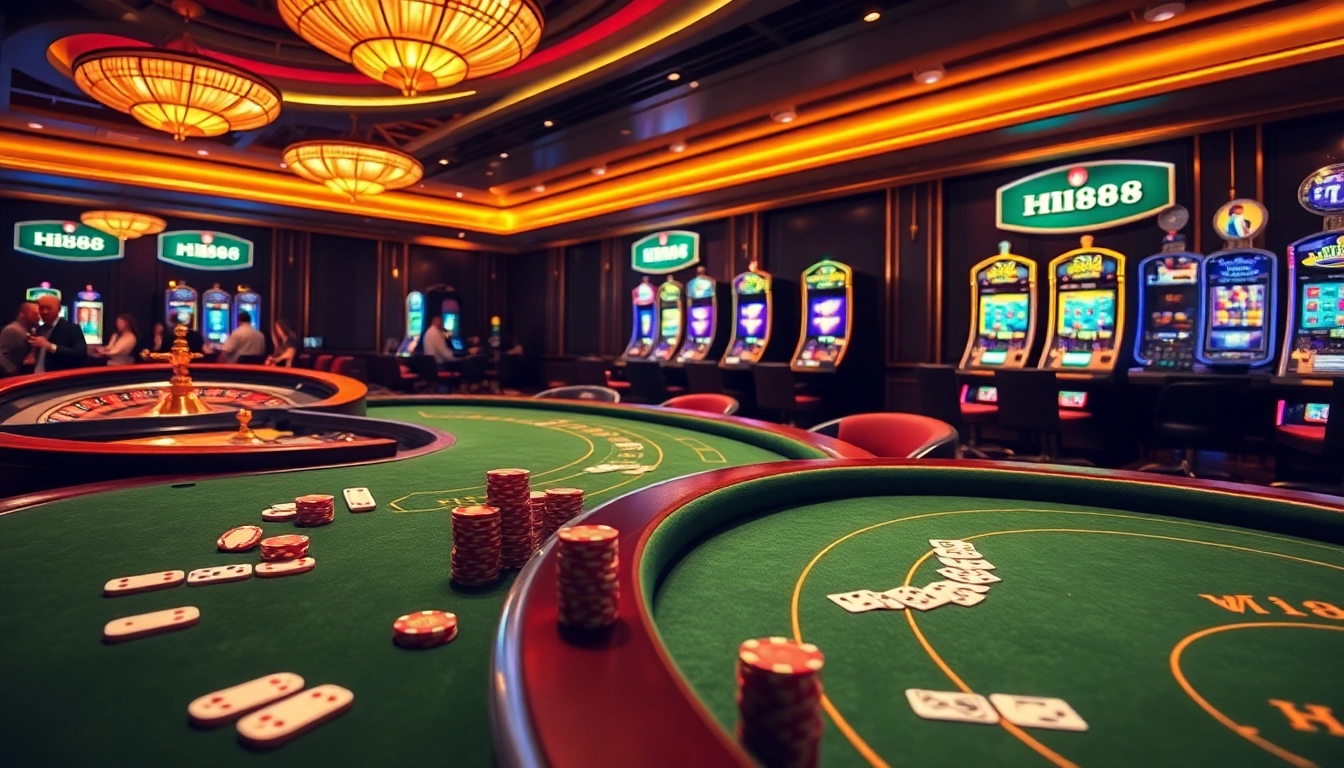 Players enjoying vibrant games at Hi88 casino, featuring tables, cards, and a roulette wheel.
