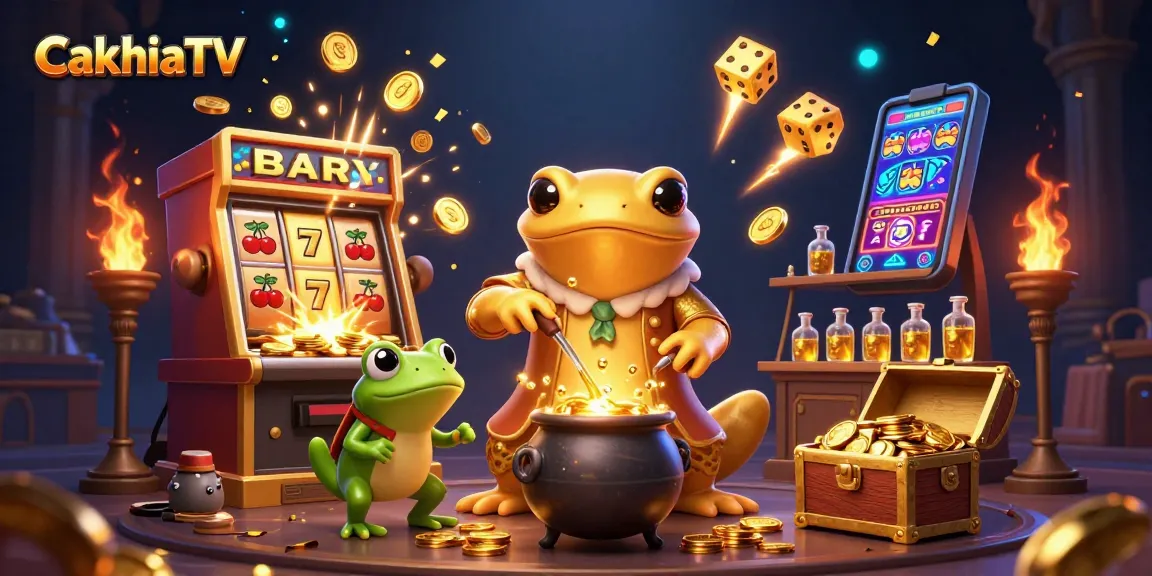 CakhiaTV showcases thrilling casino action featuring a golden alchemist and cauldron in a 3D illustration.