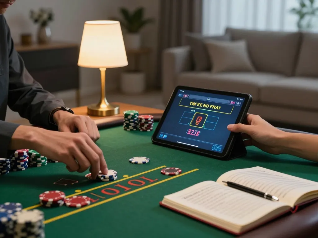 Player engaged with Okwintv on tablet during a cozy home blackjack game, showcasing strategic gameplay.