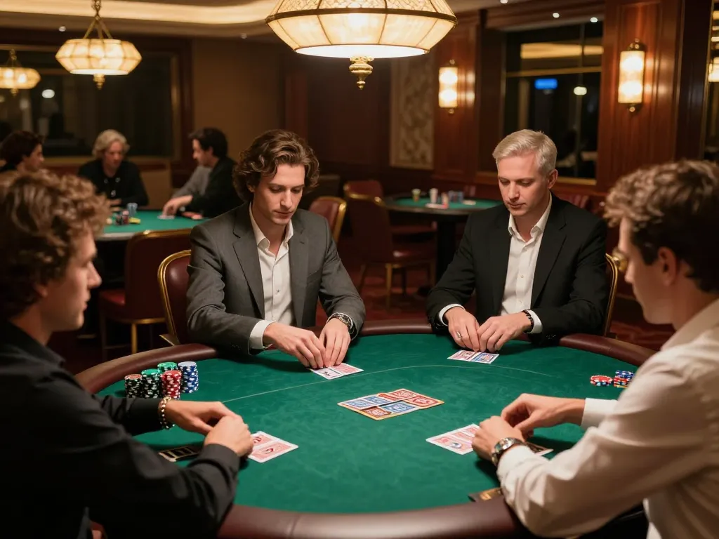 S666 poker players strategizing at elegant table in vibrant casino.