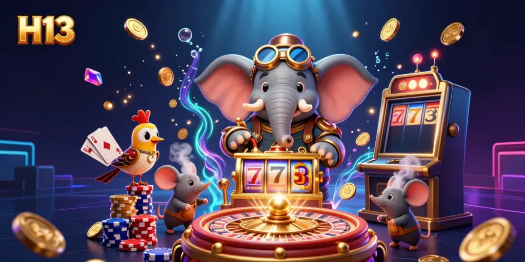 Engage with H13's vibrant casino scene showcasing an elephant engineer operating a golden slot machine.