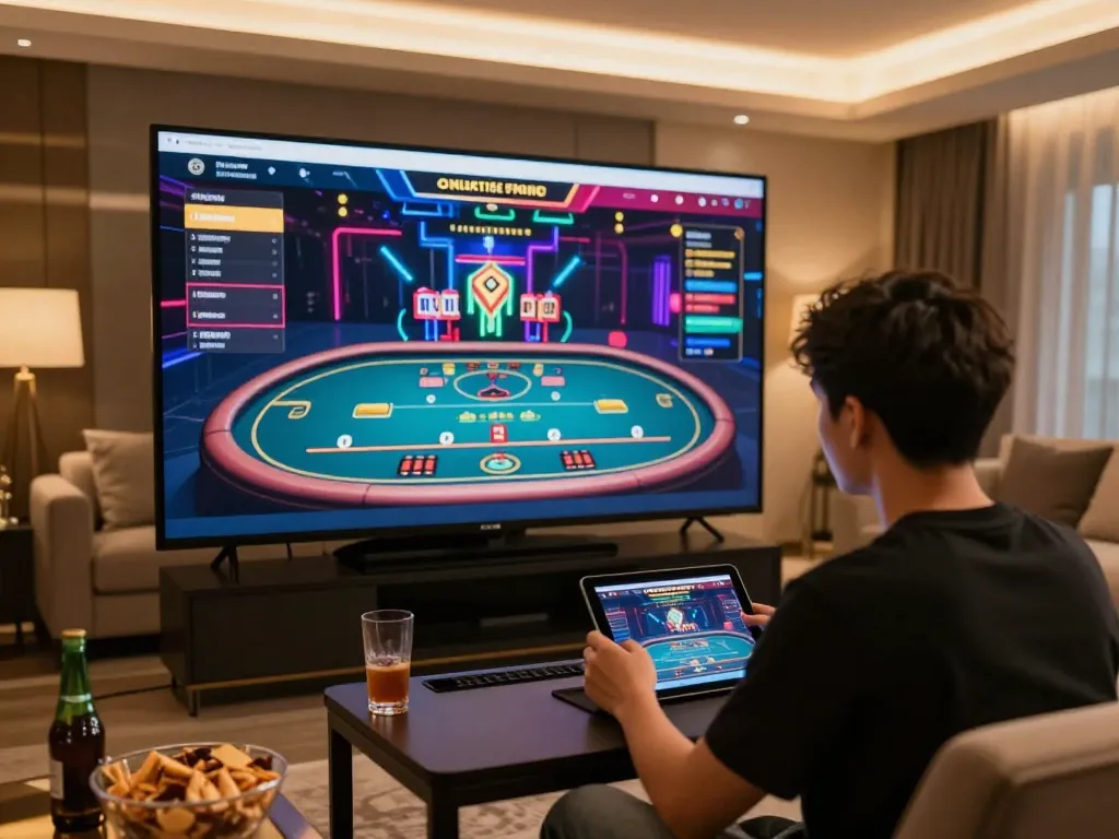 Engaged player experiencing okwin live dealer game on tablet in a cozy home setting.