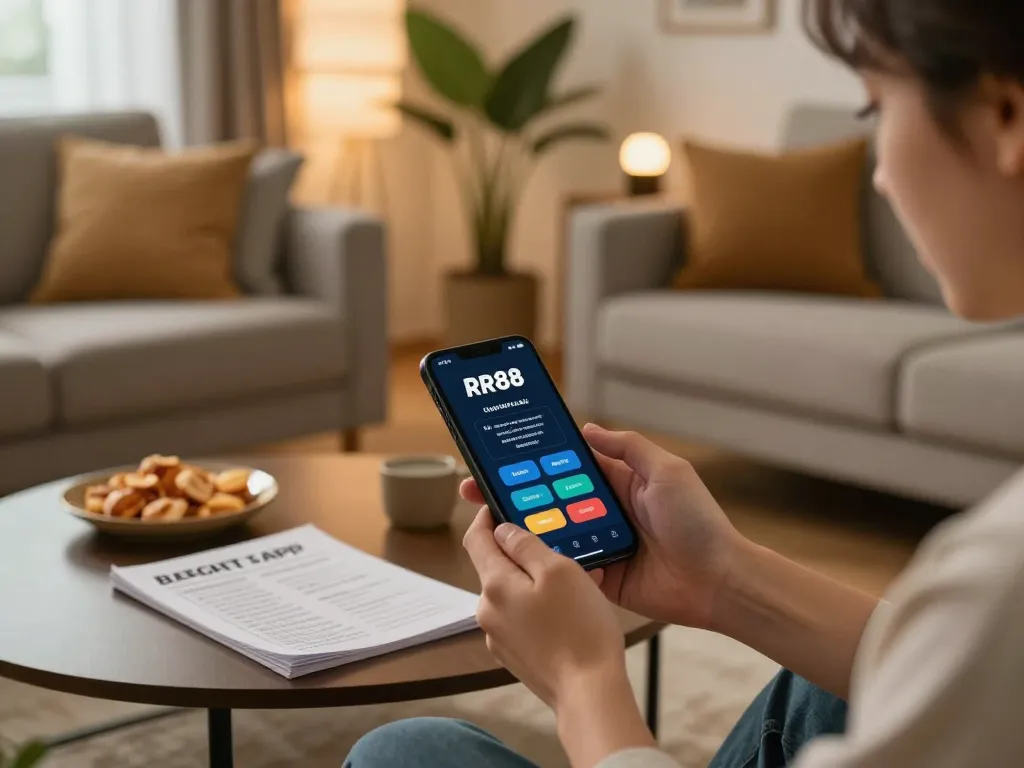 Engaging with the RR88 App on a smartphone in a cozy home environment, showcasing online gambling excitement.