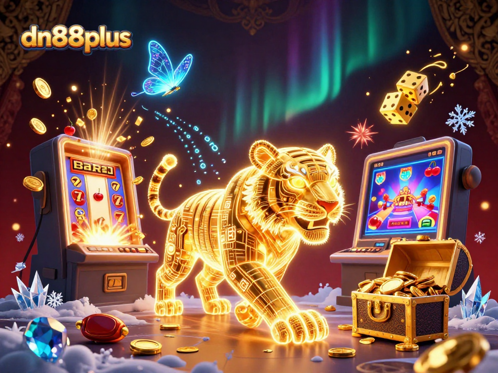 Experience thrilling jackpots with dn88plus as the golden tiger and vibrant casino elements come alive in a colorful illustration.