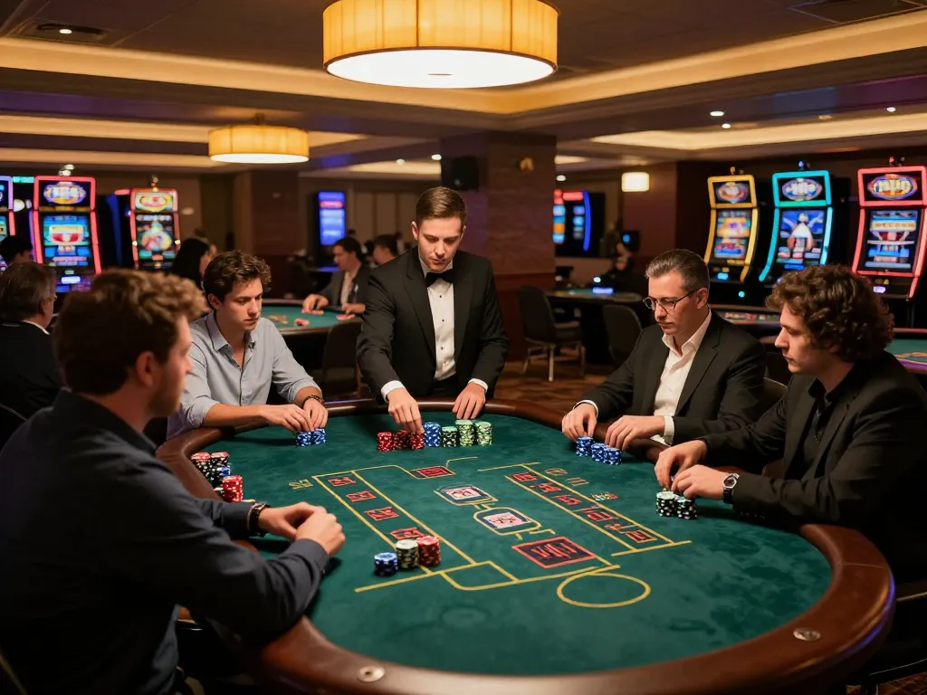 SC88 players discuss strategies and manage their bets at an elegant blackjack table.