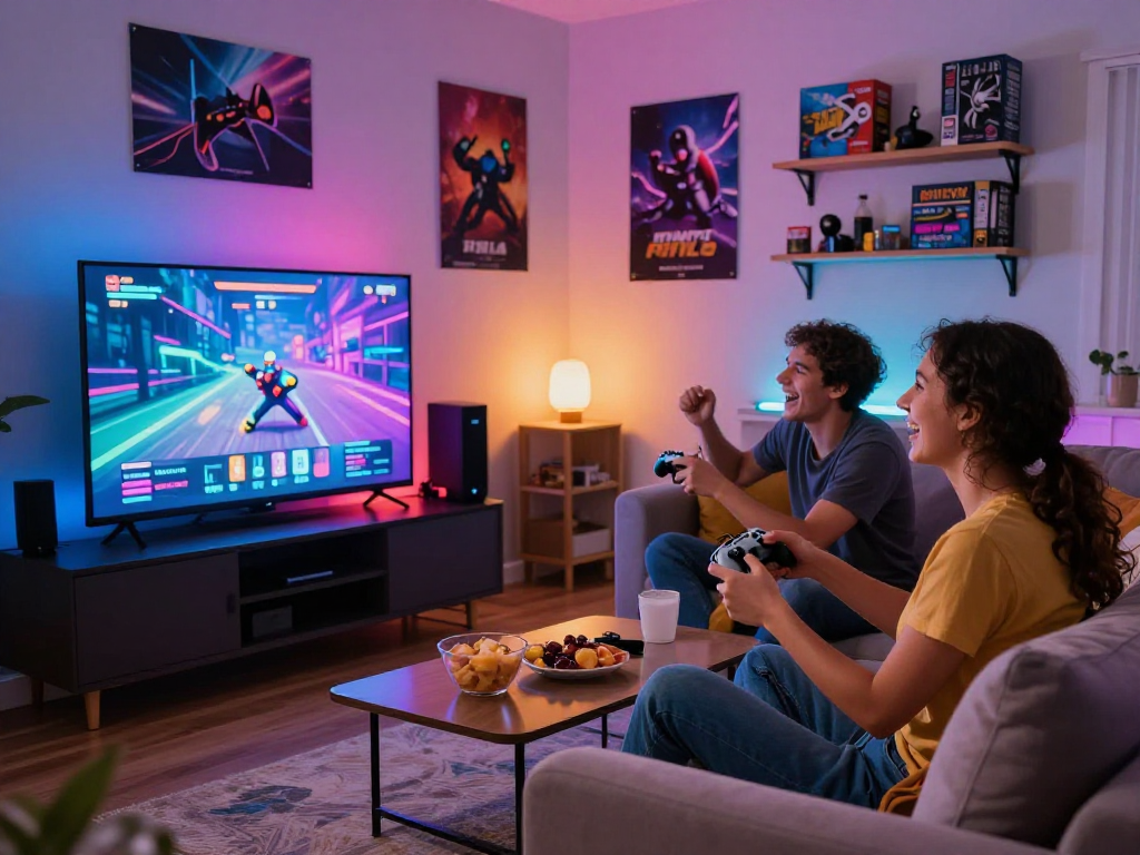 Couple enjoying HTML porn games in cozy living room, showcasing fun gaming experience.