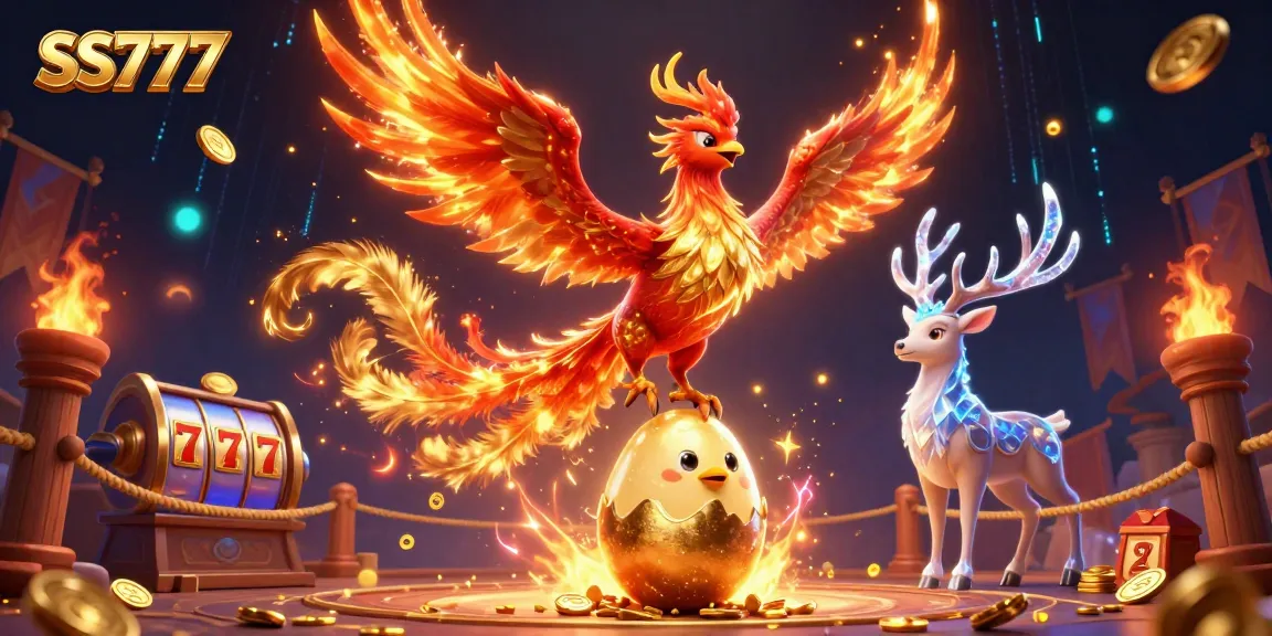 Experience thrilling casino adventures with SS777 featuring a phoenix, baby chick, and mystical stag in a dynamic gaming scene.