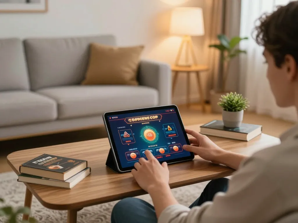Person enjoying SC88 online casino gaming on a tablet in a cozy setting with strategy notes.
