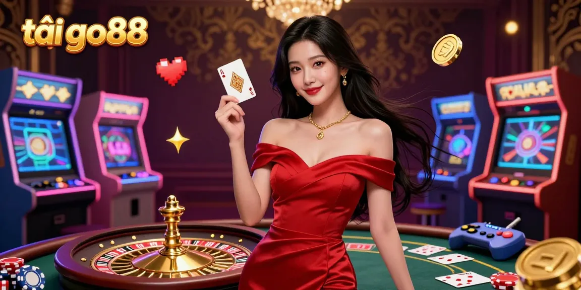 Tải go88 with a stunning young woman in a casino setting, showcasing vibrant gaming elements and vibrant atmosphere.