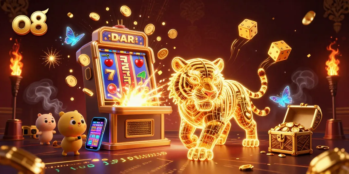 Play exciting slots with o8, featuring a neon tiger and dynamic casino elements.