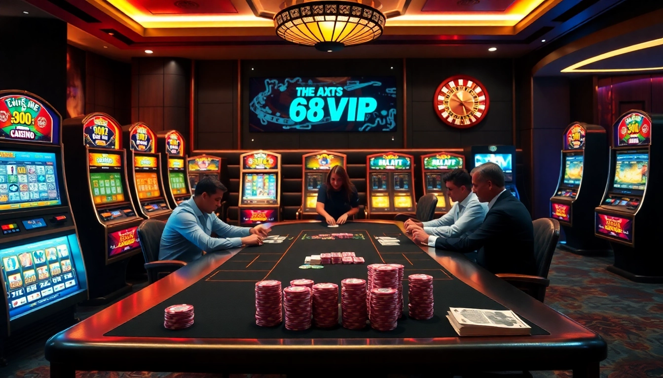 Experience the luxury of 68VIP with players engaged in high-stakes poker at a vibrant casino.