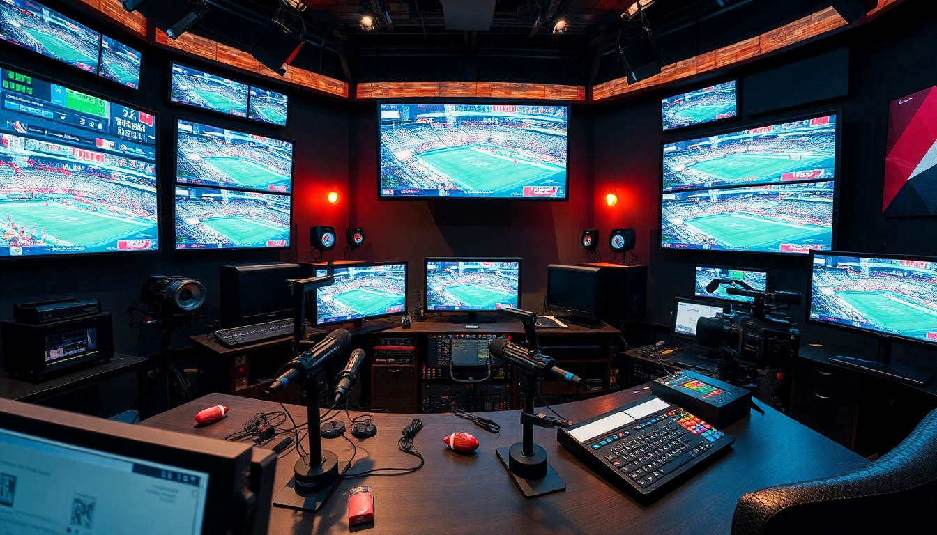 Sports Broadcasting studio with advanced equipment and bright monitors showing live sports events.