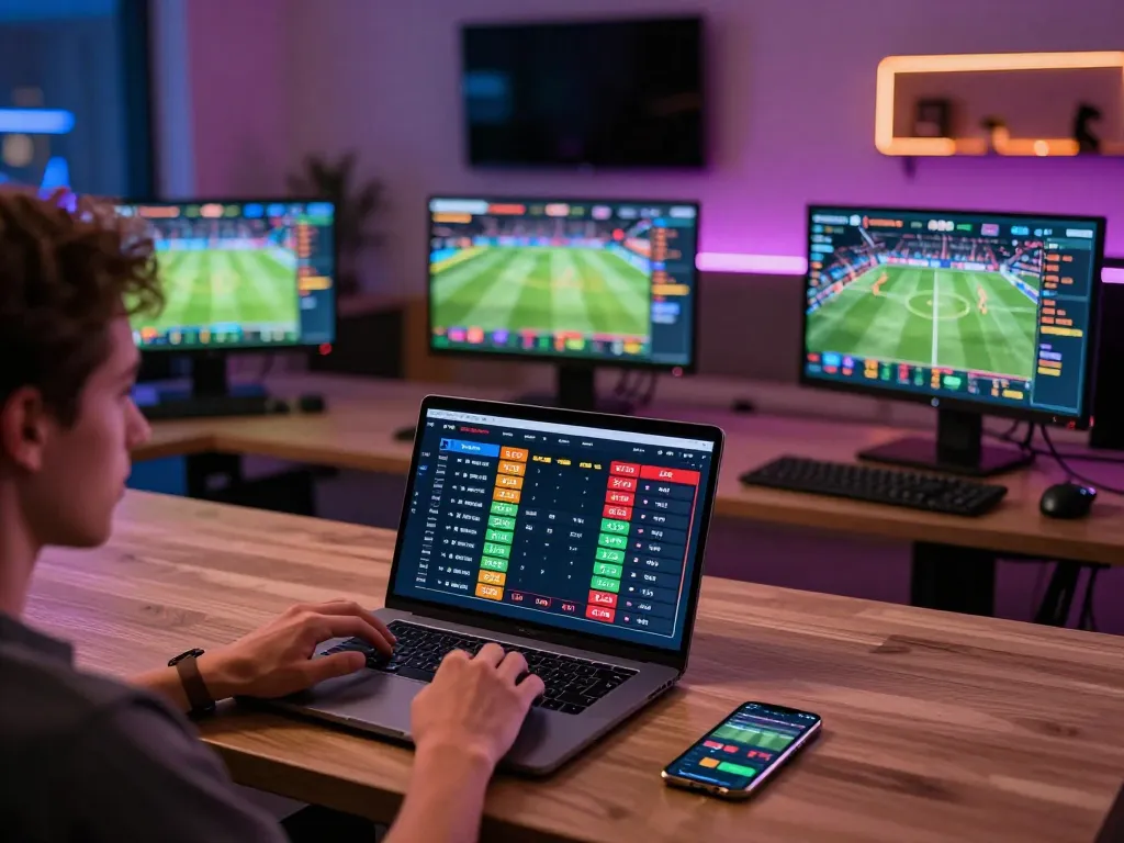 Engaging in sports betting on the trang chủ alo8 online platform with multiple screens displaying live odds.